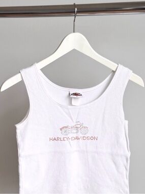 Vtg Harley-Davidson Rhinestone Motorcycle Tank Top S 14.5x18 White Holoubek Y2K